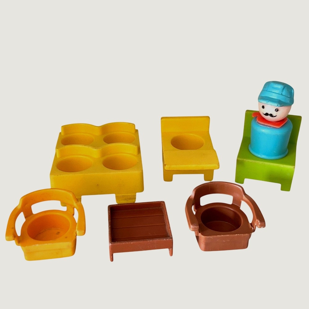 Vintage 1970's Fisher Price Little People Figure Engineer Furniture Lot of 7 Toy